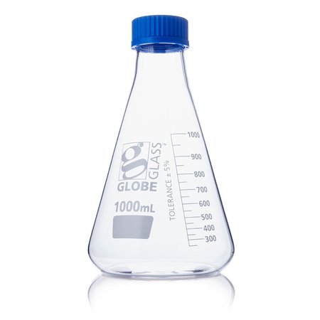 GLOBE SCIENTIFIC Flask, Erlenmeyer, Globe Glass, 1000mL, Screw Cap, Dual Graduations, ASTM E1404, 4/Box 8421000